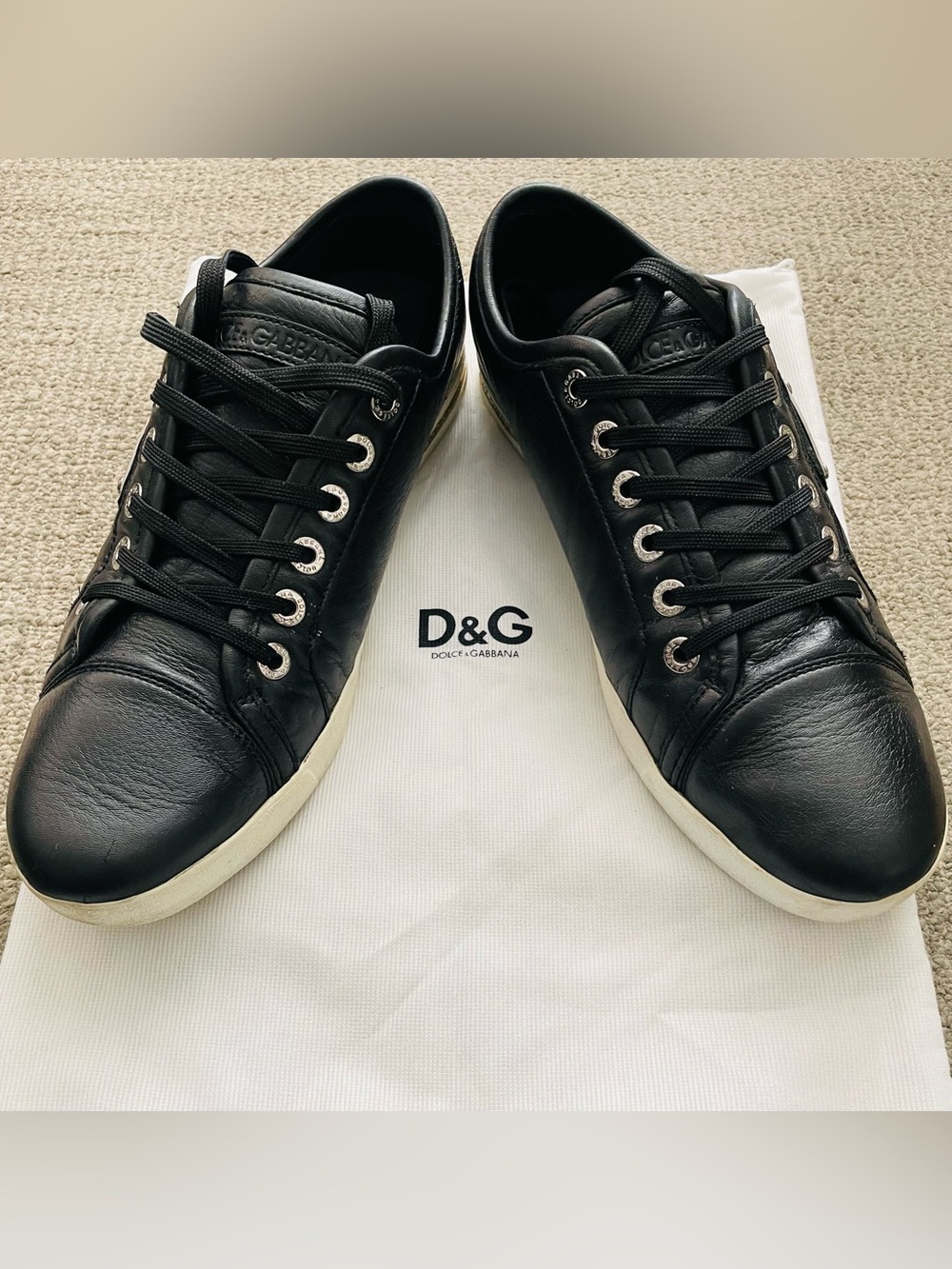 DOLCE & GABBANA Black Leather Low-Top Sneakers With White Sole
